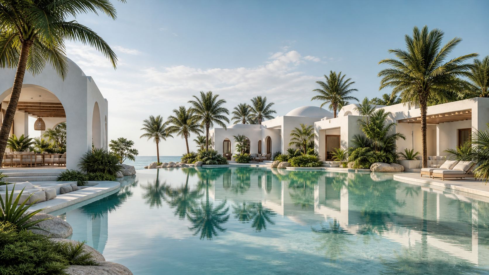 Hồ lagoon phẳng lặng soi bóng hàng dừa và những căn biệt thự mái vòm trắng
