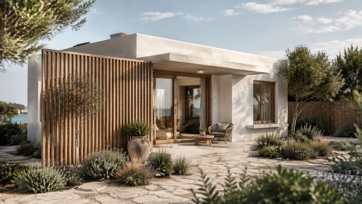 Garden Villa nhìn từ sân trước, tường trắng và lam gỗ